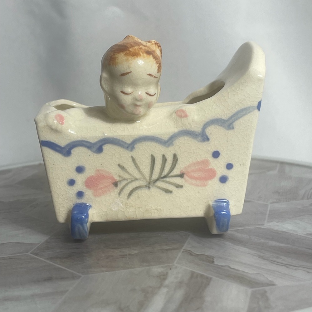 Vintage Occupied Japan Baby in Cradle Planter Nursery Ceramic Figurine 1940s